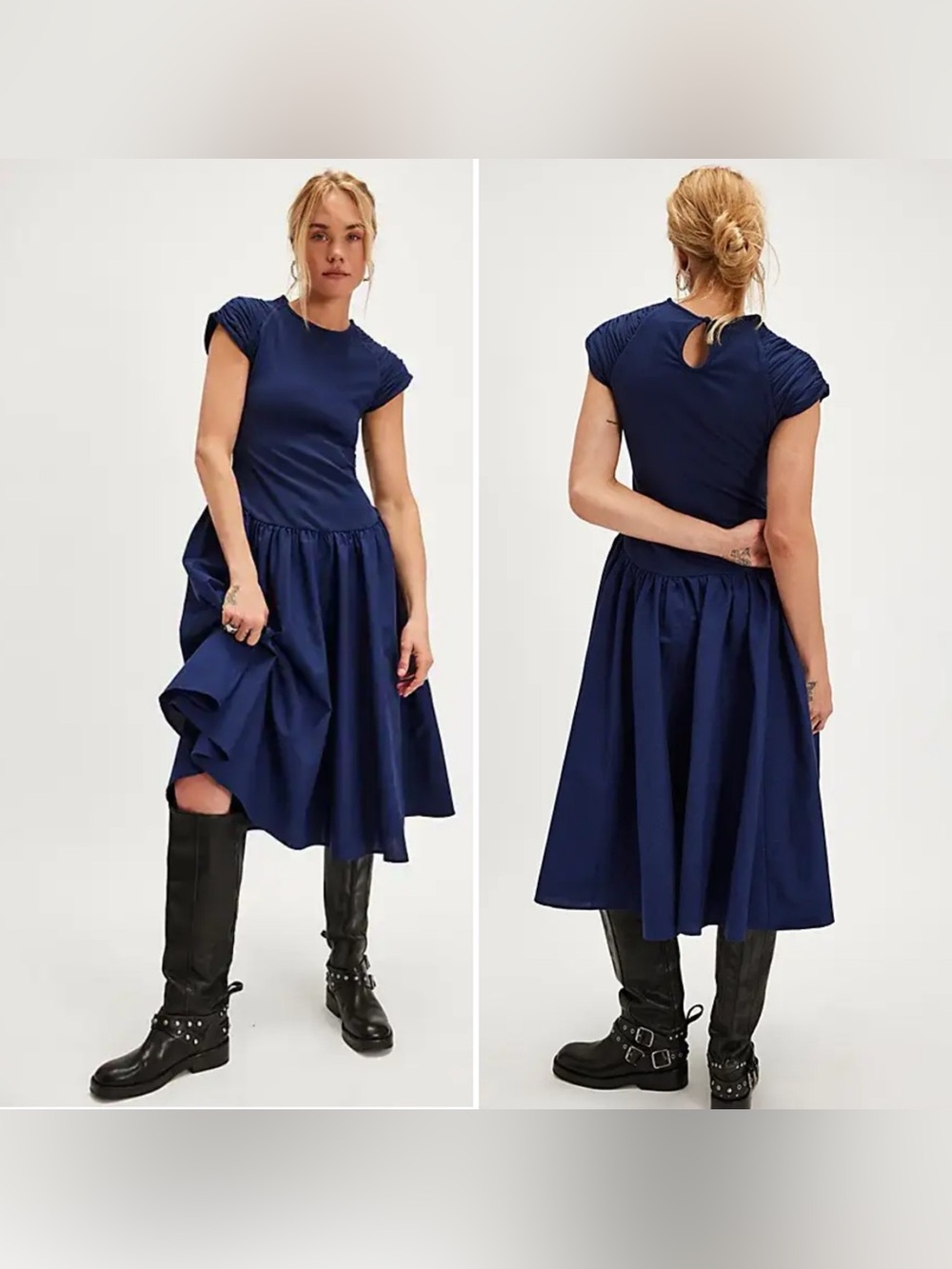 FREE PEOPLE Afternoon Elegance Midi Dress Small Navy Drop Waist Anthropologie